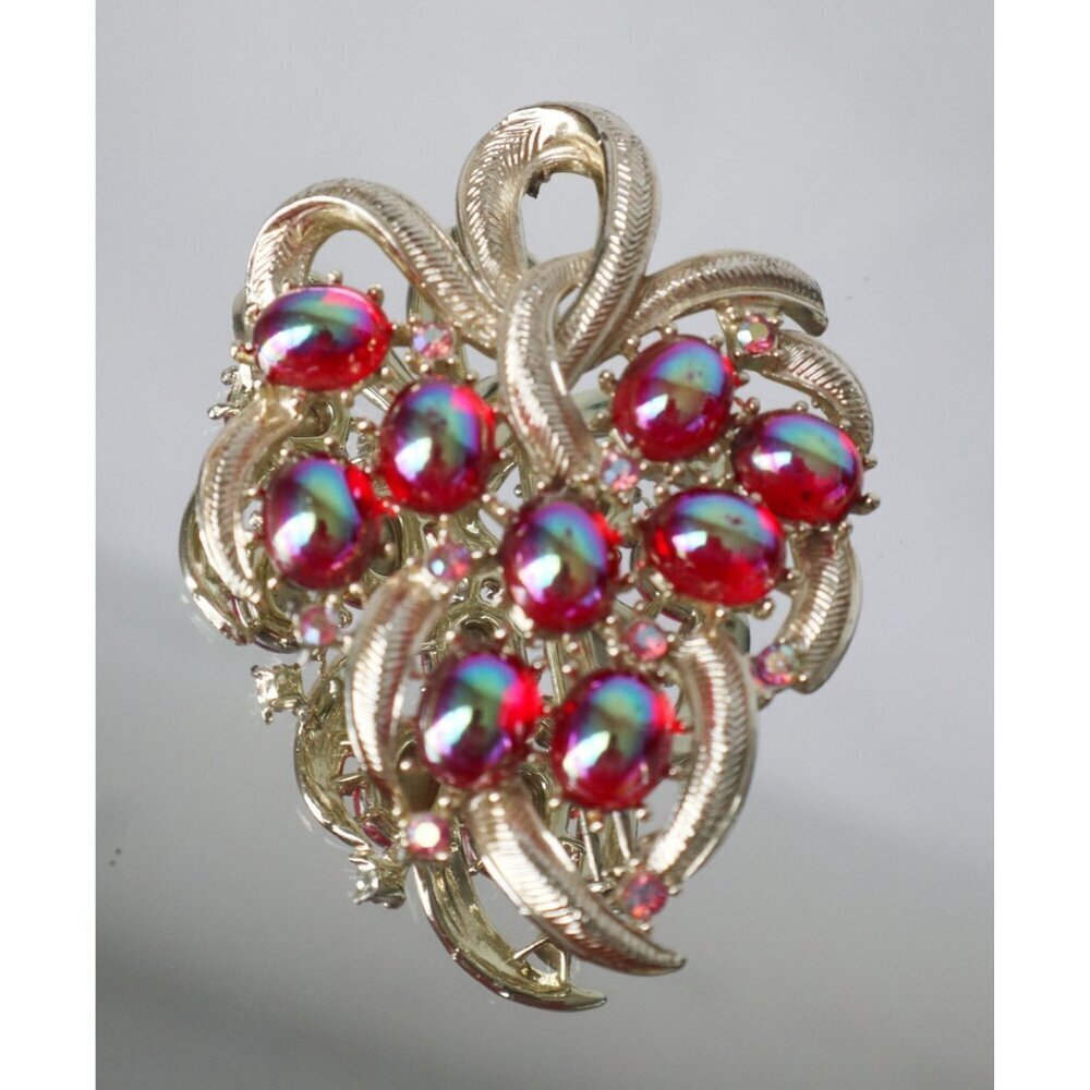 Vintage Coro Brooch Pin Mid Century Modern Red Glass Silver Tone